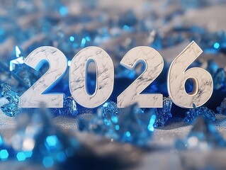 3D rendering of icy landscape close-up with white marble "2026" text, blue crystal snowflakes, and soft lighting, perfect for New Year digital designs, greeting cards, or social media.