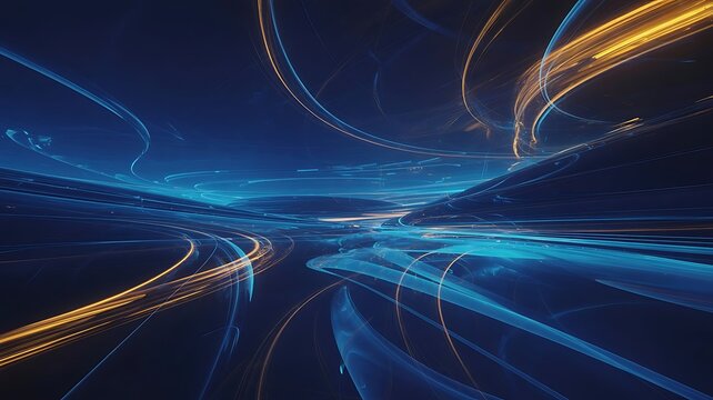 Abstract blue and yellow light trails creating a futuristic cityscape