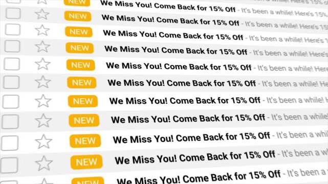 We Miss You 15% Off emails animate across a digital inbox display in continuous succession. Ideal for showcasing email marketing, customer retention, promotional campaigns, and discount strategies.