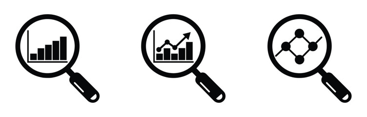 magnifying glass icons show graphs and charts representing data analysis market research and business intelligence activities,Analyze data trends for growth, insights with magnifying glass