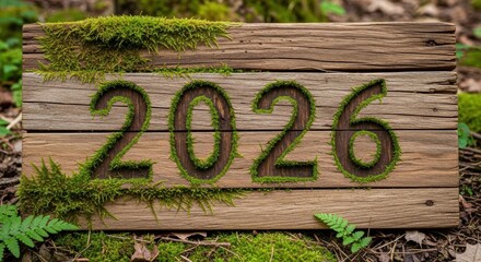 2026 Year Moss Carving on Wood Background, Nature, Forest, Carved
