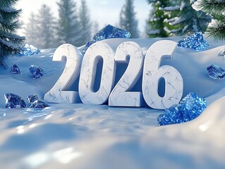 3D rendering of icy landscape with white marble "2026" text and blue crystal snowflakes, soft lighting creates festive atmosphere for digital designs, greeting cards, or promotions.