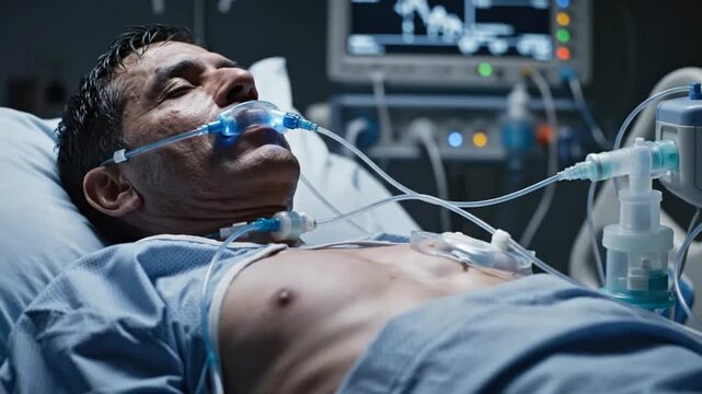 Man in Hospital Bed with Oxygen Mask and Medical Equipment.