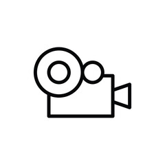 A minimalist black and white line drawing of an old-fashioned film camera, representing cinema and filmmaking. Cinema and Movie Line Icon. Isolated Vector Clip Art.