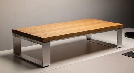 A modern wooden countertop riser with a sleek metal frame sits on a kitchen counter.