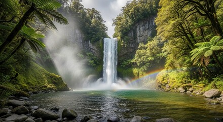 Majestic waterfall cascade in lush forest environment with vibrant rainbow spectrum spanning the