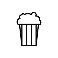 A minimalist black and white line drawing of a classic striped popcorn bucket overflowing with fluffy popcorn, perfect for movie night themes.