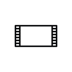 A minimalist graphic icon of a film strip with perforations on the sides and a blank rectangular frame in the center. Cinema and Movie Line Icon. Isolated Vector Clip Art.