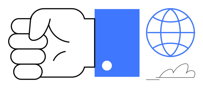 Closed fist evokes strength and determination, blue globe symbolizes global connectivity, and cloud suggests modernity and digital innovation. Ideal for teamwork, leadership, ambition, networking