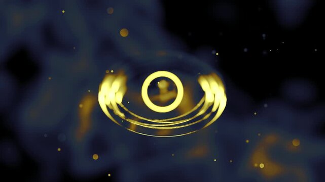 Golden Abstract Eye Symbol with Fire Flames and Smoke Particles on Dark Background