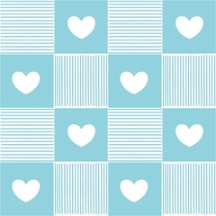 Seamless pattern with white hearts and stripes on a light blue background