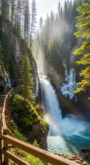 Majestic waterfall cascading amidst verdant cliffs with sunbeams painting a breathtaking vista