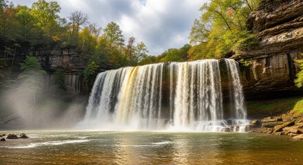 Majestic waterfall cascading into a serene pool surrounded by lush greenery and rugged rock