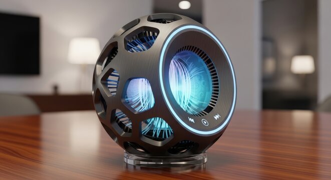 A futuristic spherical device with a glowing blue interior sits on a wooden table.