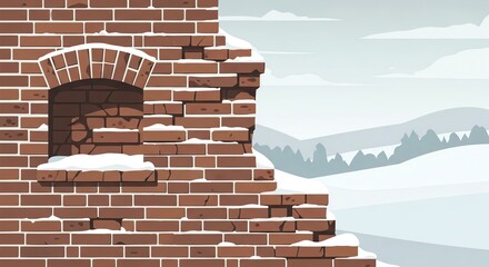 A crumbling red brick wall with an arched window, covered in snow, overlooking a distant, wintry landscape with hills and trees.