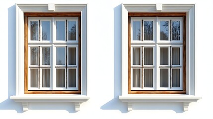 Two White Framed Windows with Wood Accents Reflecting Trees on White Wall