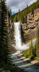  Majestic waterfall cascading through rocky cliffs surrounded by lush evergreen forests
