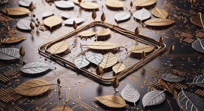 A circular arrangement of metallic leaves and geometric shapes on a dark, textured surface with intricate golden circuitry patterns.