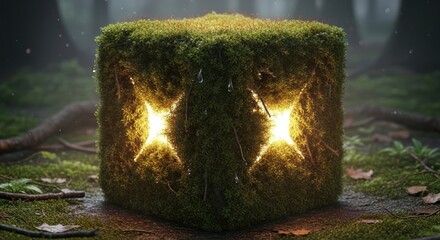 A moss-covered cube with glowing star-shaped eyes sits in a mystical forest clearing.