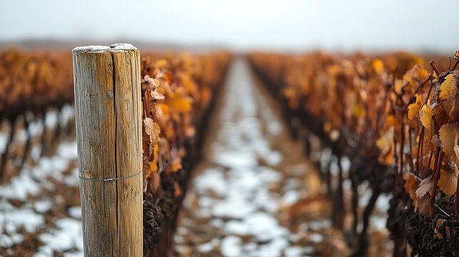 Vineyard Row in Winter With Snow, Wooden Post and Late Fall Foliage in Blurred Background - Powered by Adobe