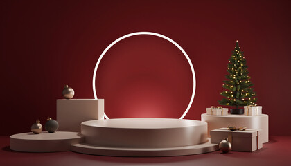 Minimalist 3D Render of Christmas Stage Design with Tree, Ornaments, and Red Wall Illumination