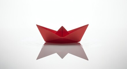 Minimalist Isolated Red Paper Boat Sailing on Water Surface