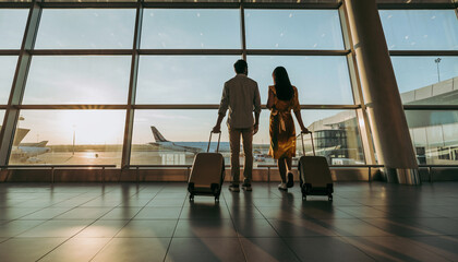 Excited Couple Standing Together at Airport Window, Carrying Luggage, Watching Planes at Golden Sunset