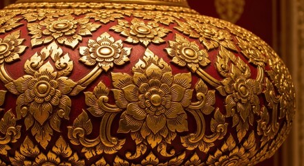 Ornate golden floral design element on a reddish surface, evoking traditional asian artistry