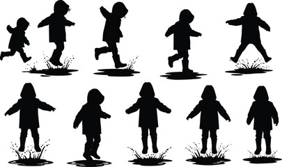 Child silhouette jumping in puddle, rainy day play, splash motion, hooded coat action, outdoor fun, water splash sequence, joyful movement, energetic kid activity