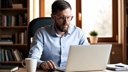 Man working on laptop, looking stressed, thinking, in home office. - Powered by Adobe