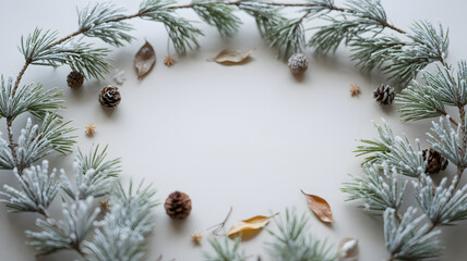 Wreath made of pine branches and pinecones on a white background