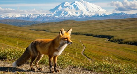 The watchful gaze of a red fox in a vast tundra landscape with distant snow peaks