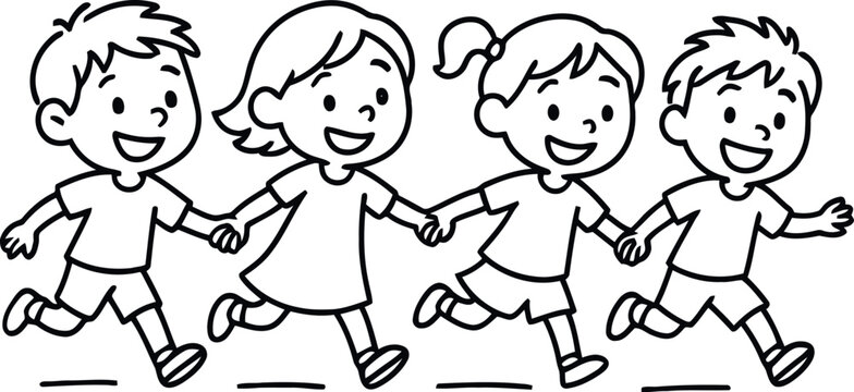 Happy diverse children holding hands and running together outdoors