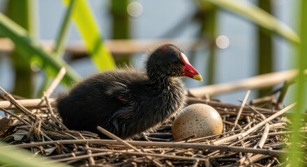 A poignant glimpse into nature's sanctuary: A young moorhen chick nestled beside an untouched egg
