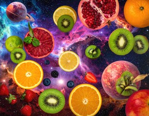 Fruity cosmos! Fruits afloat a vibrant nebula, celestial