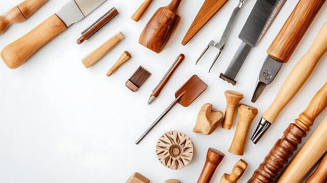 Wood carving tools background on white table; wooden handles, chisels and mallets