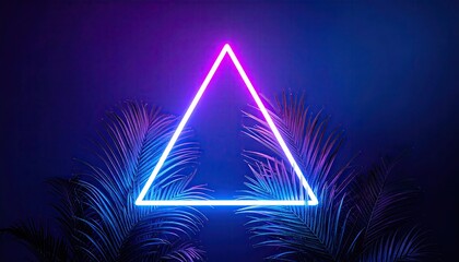 Neon triangle glows above dark tropical palm leaves