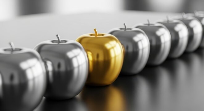 Golden apple amidst silver peers represents distinctiveness and superior quality concept