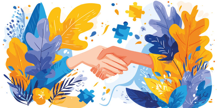 Eine Illustration von zwei H&auml;nden, die sich inmitten von Bl&auml;ttern und Puzzleteilen die Hand geben, symbolisiert Zusammenarbeit.