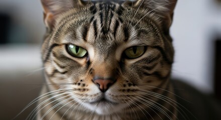 Intense gaze of a tabby cat with striking green eyes, captured in a close-up shot