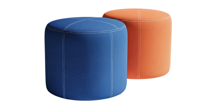 Two colorful poufs one blue and one orange Isolated on transparent background, png