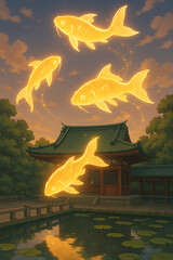 Anime style glowing koi swimming in air above temple pond