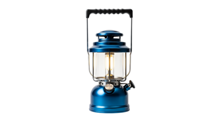 Vintage blue camping lantern with handle and glass globe Isolated on transparent background, png
