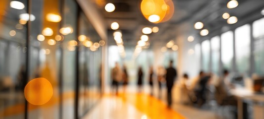 Business office with blurred people. Abstract light bokeh at office interior background for design. High quality