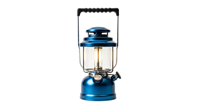 Vintage blue camping lantern with handle and glass globe Isolated on transparent background, png