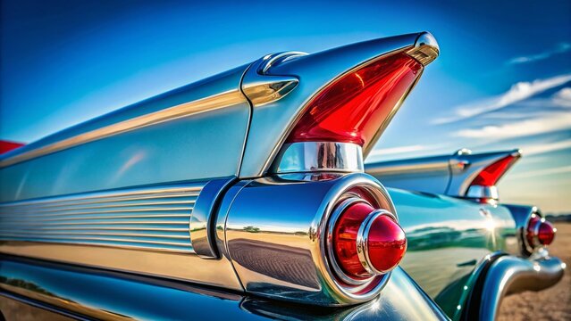 Atompunk Car Tail Fin: Chrome Detail, 1950s Classic Automotive Design, Close-up, Bright Sunny Day Reflection Stock Photo