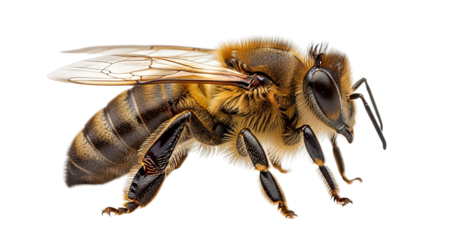 Detailed Macro Shot of a Honey Bee Isolated on transparent background, png