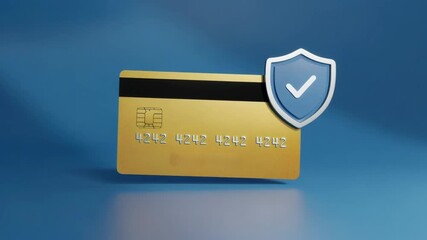 Gold credit card on blue background with shield for secure transaction icon. Payment safety concept with data protection. - Powered by Adobe
