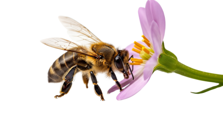 Honey Bee Collecting Nectar from a Delicate Pink Flower isolated on transparent background, PNG
