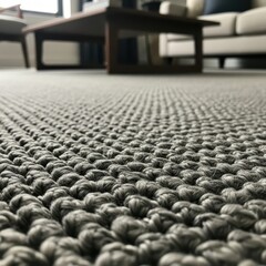 Obraz premium Intricate textured gray rug with a blurred glimpse of modern living room furniture